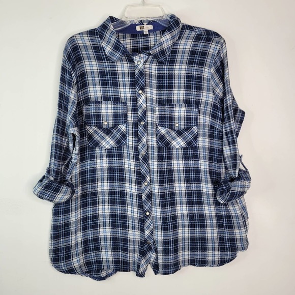 Kut from the Kloth Snap Front Shirt Top XXL Blue White Plaid Long Sleeve Collar - Picture 10 of 10